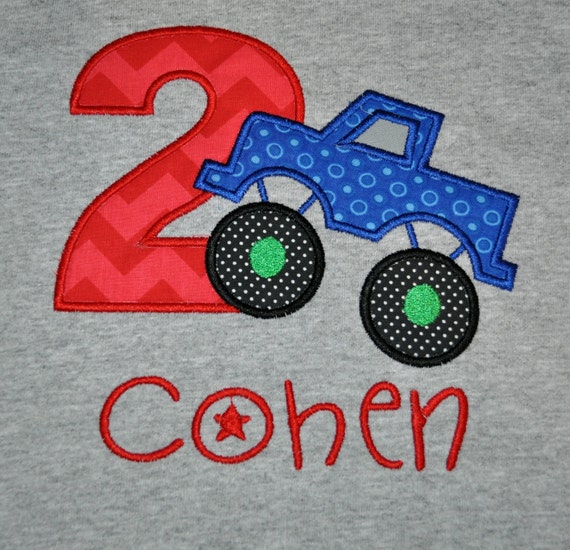 Birthday Boy Outfit - Monogrammed/Personalized Second Birthday Monster Truck Appliqued Grey T-shirt, Sizes 2T, 3T, & 4T