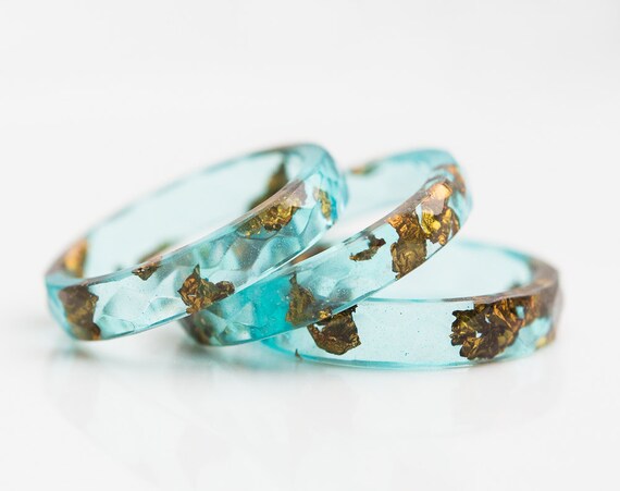 Mint Resin Ring Gold Flakes Small Faceted Stacking by 