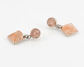Sunstone and mokume earrings; gemstone + sterling earrings with patterned mokume dangles