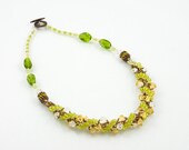 Fresh days beadwoven necklace, spring green, yellow, clear, brown glass beads, with beaded bead accents, statement necklace