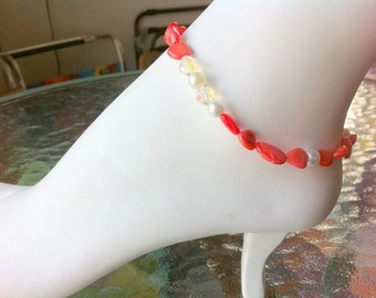 Ankle bracelet coral orange with crystals and pearls stretch beachy ...