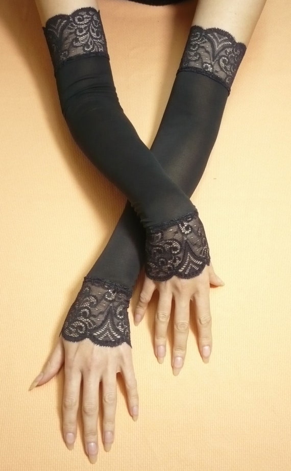 Long Black Elegant Evening Fingerless Opera Gloves With Lace