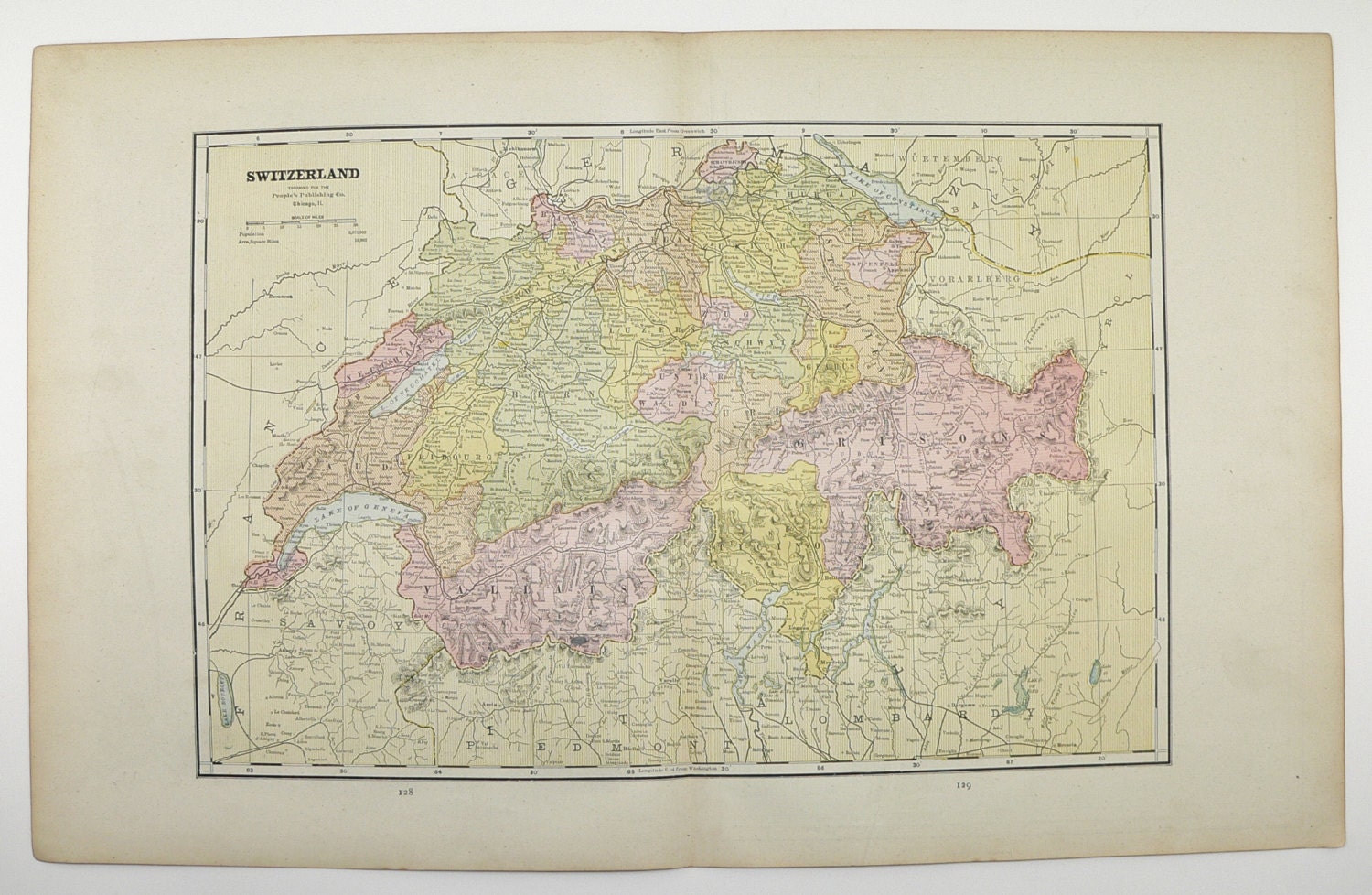 1800s Map Switzerland Swiss Alps 1888 Vintage Travel Map