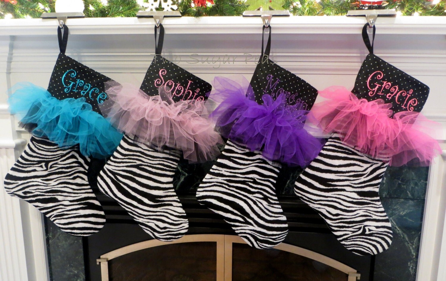 Handmade Personalized christmas stocking ... Zebra Tutu Premium Stocking Customized with your choice of font