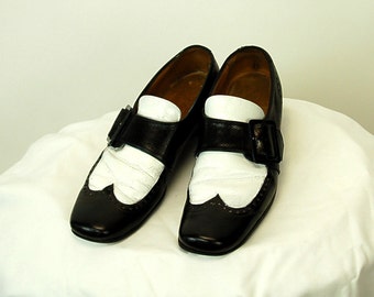 1970s mens shoes, spectator shoes, black white shoes, shoes with buckle ...