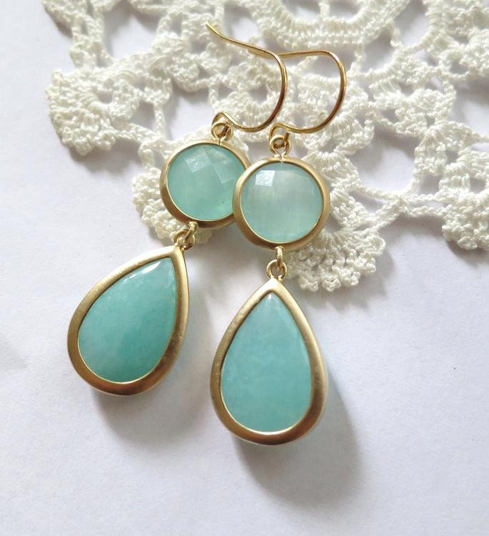 Mint Blue jade Teardrop EarringsHoliday giftDangleJade