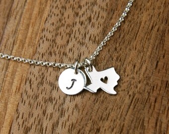 Texas state charm with heart and initial necklace in sterling silver, heart of Texas, customized, state of Texas, Texas necklace