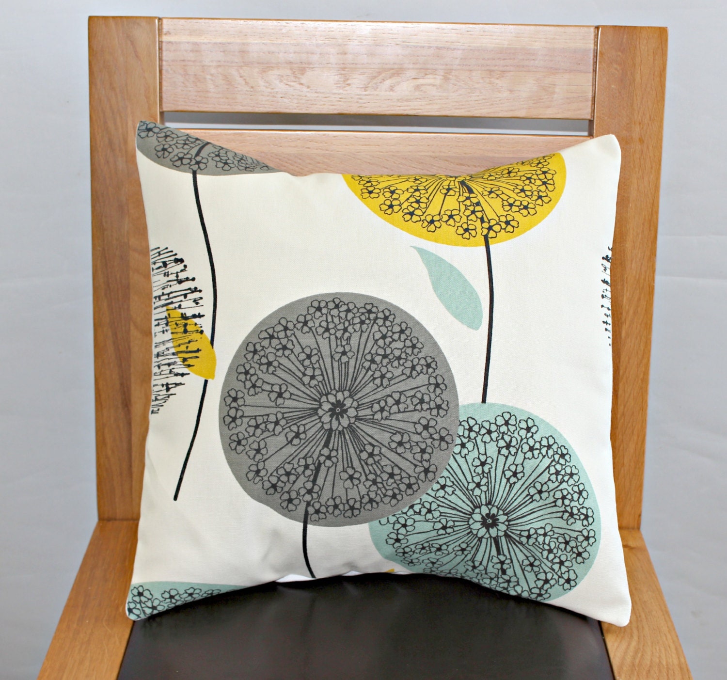 Cushion cover blue teal mustard yellow dandelion blue by VeeDubz