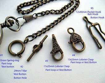 Bronze Pocket Watch Chain - 15 inches watch chain - 6 clasp ends options - Watch Accessory