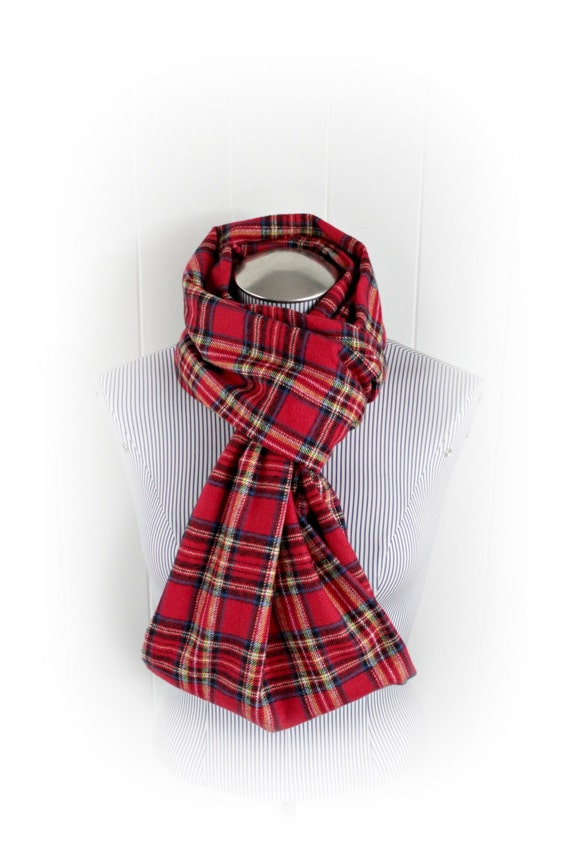 Red Plaid Infinity Scarf Tartan Red and Green and Yellow