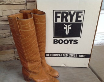 Frye Boots ~ Vintage Boots ~ Caramel Color Boots ~ High Length ~ Vintage Leather Boots ~ Western Boots ~ Ladies ~ Original Box 70's