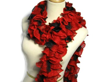 Sale Red Black Scarf, Hand Knit Scarf, Ruffle Scarf, Knit Scarf, Fashion Scarf, Spring Scarf, Womens Scarf, Mothers Day, Fiber Art