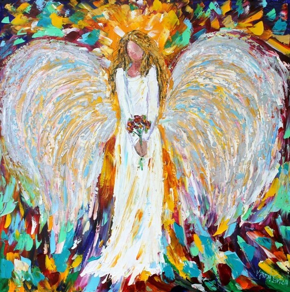 Original oil painting Angel with Flowers palette knife impasto impressionism fine art impasto by Karen Tarlton