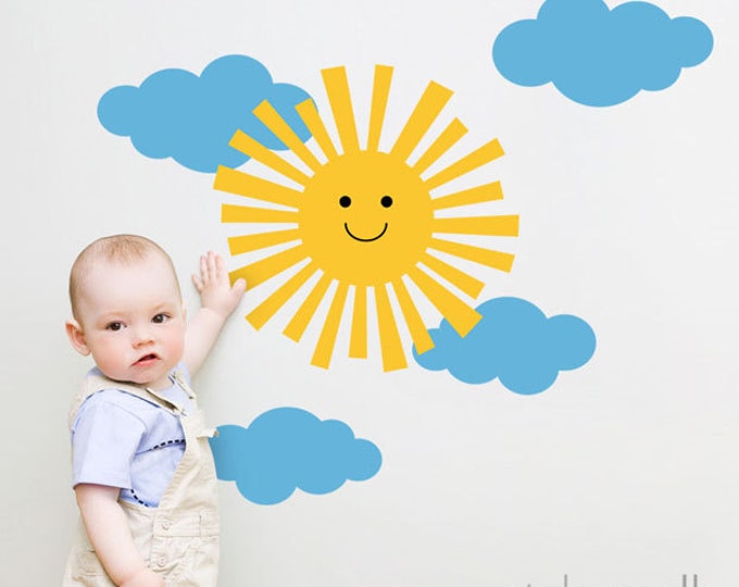 Clouds and Sun Wall Decal, Smiley Sun and Clouds Wall Sticker for Children Baby Nursery Decor, Clouds Wall Decal Sticker, Sun Wall Decal