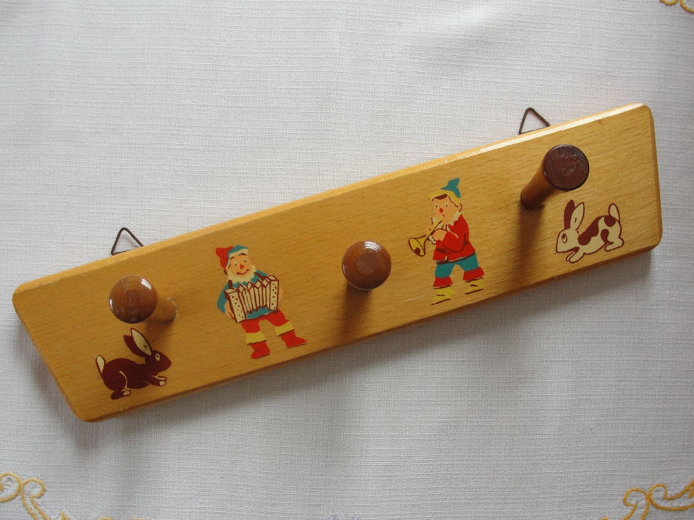 Small Vintage Wooden Coat Rack with Gnomes and Rabbits – Haute Juice
