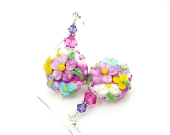 Pink Earrings, Floral Earrings, Flower Earrings, Lampwork Earrings, Glass Earrings, Glass Bead Earrings, Pastel Earrings, Glass Bead Jewelry