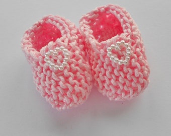 Girl baby shower decorations: hand knit baby pink mini booties with pearlised heart - 2 inches - sample