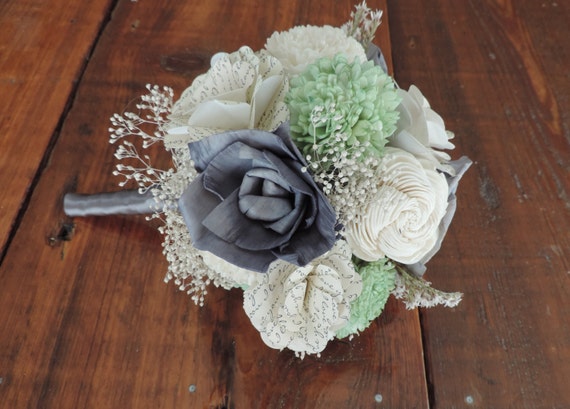 Mint and Gray Sola Bridal Bouquet with Paper Flowers