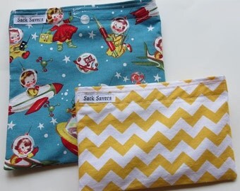 Reusable Sandwich and Snack Bag Set Eco Friendly Retro Space Yellow Chevron