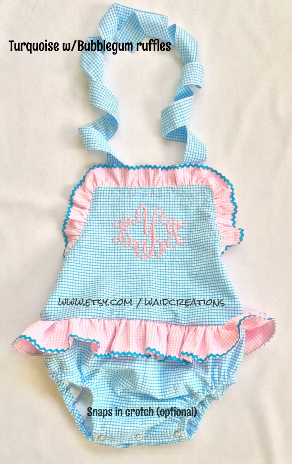 Monogram baby toddler girl swimsuit bathing suit with snaps in