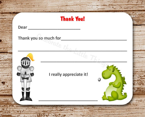 Set of 12 Knights and Dragons Thank You Cards for Kids | Fill in the Blank | Fairy Tale Il_570xn
