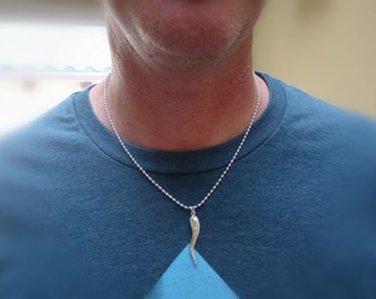 Italian Horn Necklace for Men, Sterling Silver Italian Horn Pendant Necklace for Him, Good Luck Necklace, Cornicello, Cornetto N011
