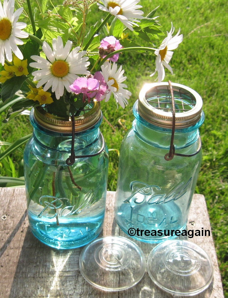 Mason Jar Flower Vases 2 Antique Blue Ball Ideal Quart Glass