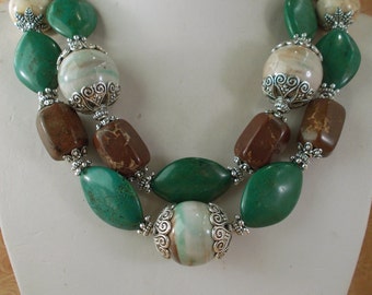 Cowgirl Necklace Set - Chunky Green - Brown and White Howlite Turquoise with Ceramic Focals