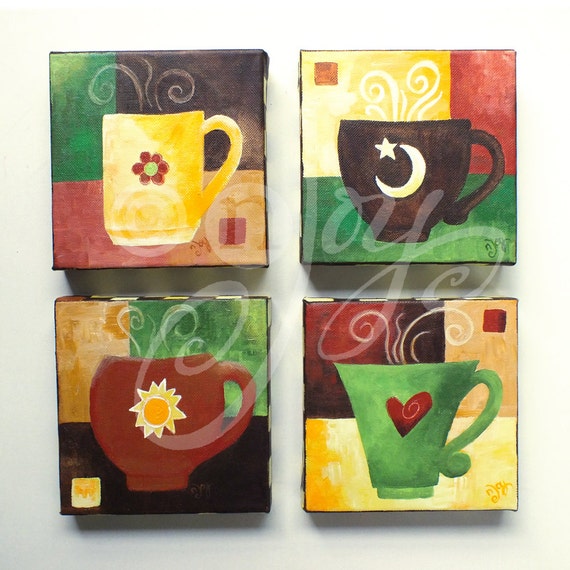Custom COFFEE MUG Painting Set of 4 6x6 acrylic canvases Art