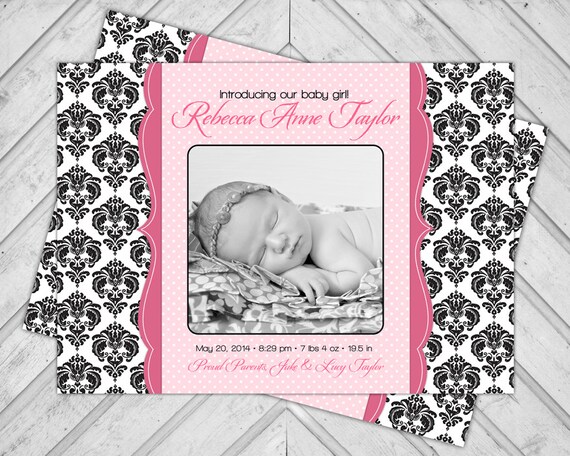 Damask birth announcement cards - pink baby announcement photo cards - black and white - polkadots - printable or printed - baby girl (218) Il_570xn