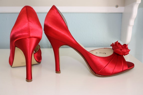 Wedding Shoes - Valentine Red - Matching Handmade Flowers - Dyeable Shoes - Choose Over 100 Colors - Bridal Shoes - Choose Your Heel Height