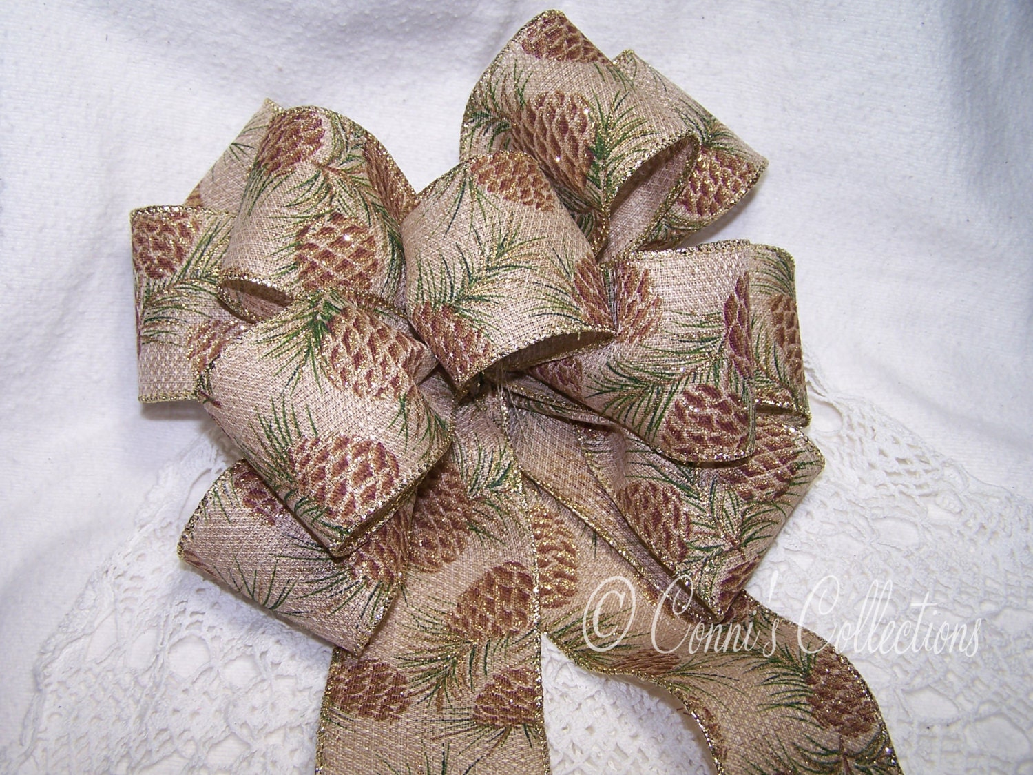 Pine Cone Ribbon Bow Brown Burlap Ribbon Great for Wreath or