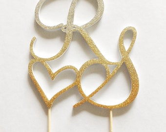 Gold monogram cake topper, 6" wedding cake topper, ombre glitter two initial wedding cake topper, gold wedding decoration-choose your color