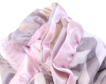 New Double Ruffle Gray and White Chevron with Baby Pink Minky Swirl Baby Blanket Stroller Size