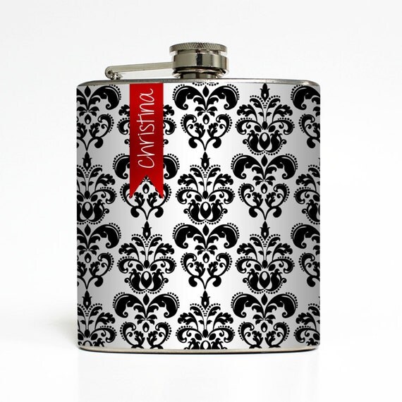 Personalized Black and White Damask Liquor Flask Name Ribbon Modern