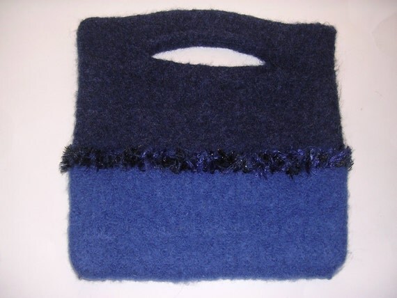 50 % -" MAYSALE"code,Navy pocketbook, Handknitted and Felted wool with Decorative trim