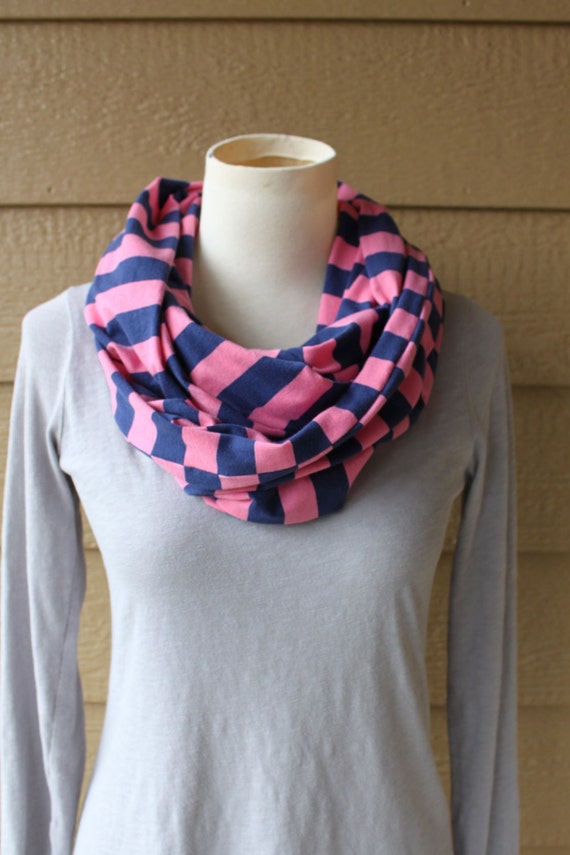 Pink and Navy Blue Striped Infinity Scarf Jersey Knit Scarf