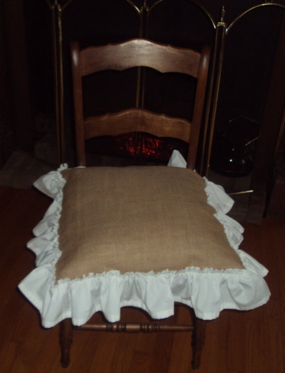 French Grain sack Burlap Chair Seat Cover White Ruffled Edge with Bow
