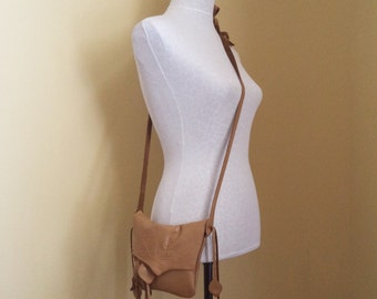 camel tan brown leather handbag shoulder purse with leaves and fringe by Tuscada. Ready to ship.