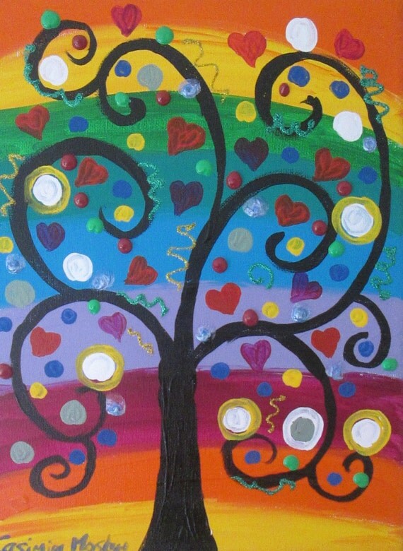 Items similar to Quirky rainbow Tree acrylic painting on Canvas 9" by