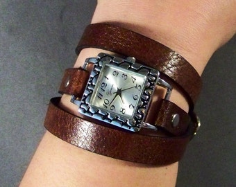 Wrap Around Leather Watch, Womesn Watch, Vinatge Leather Watch, Silver Watch, Leather Wrist Watch, Bracelet Watch, Leather Cuff Watch