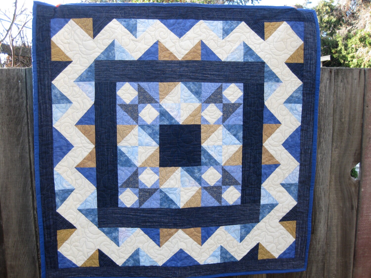 Blue Star Quilt 46x46 Flannel backed Modern by farmertakesawife