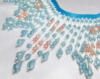 Beaded Fringe Trim in Blue Turquoise Aqua, Peach Coral and White Pearl Luster 5.25 inch Long Beaded Fringing Decorator Trim