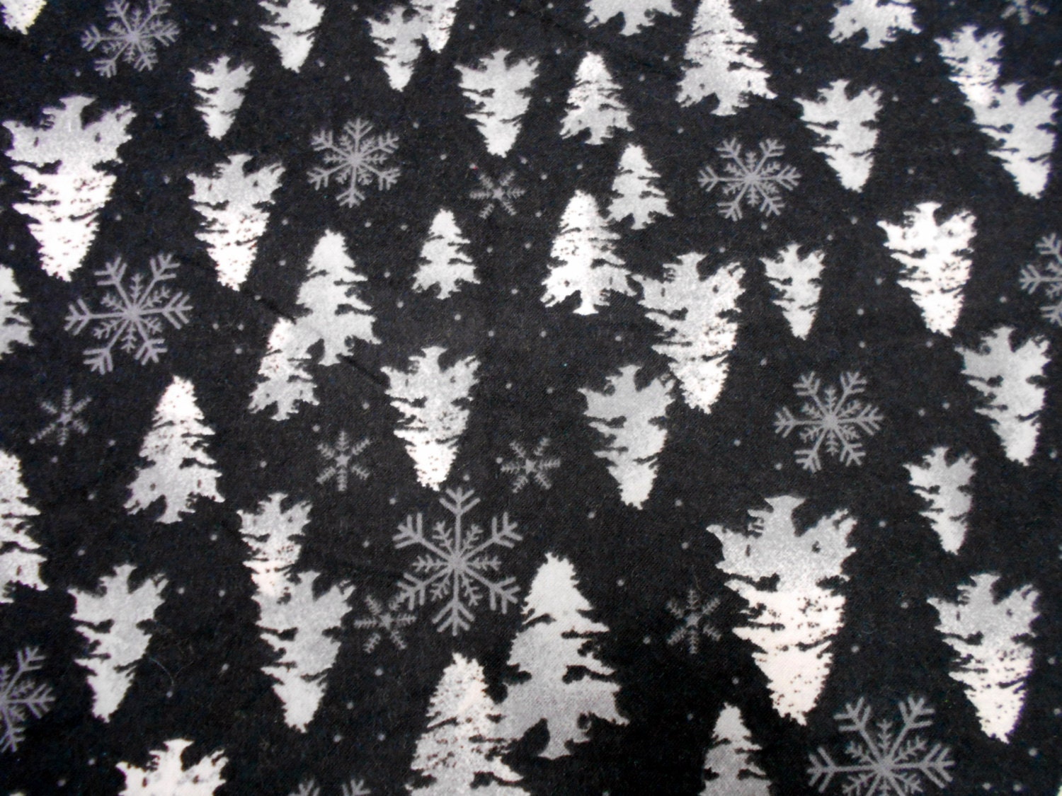 Black Flannel Fabric 5/8 yard Remnant Snowflakes and Snowy