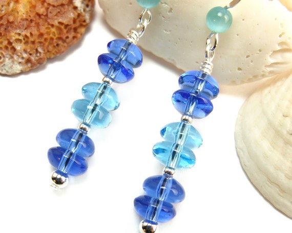 Blue Aquamarine Sapphire Glass Beaded Dangle Earrings Sterling Silver