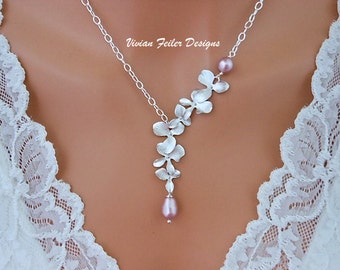 Items similar to Silver Orchid Necklace With Circle and Pearl, Orchid ...