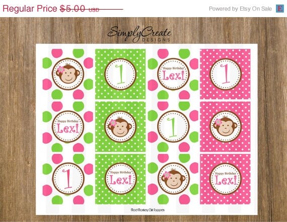 SALE Mod Monkey Cupcake Toppers 8.5x11 Jpeg DIGITAL File PERSONALIZED Il_570xn
