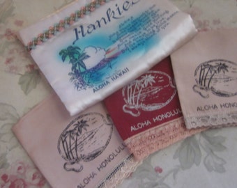 Vintage Set Hawaii 3 Hankie & Satin Envelope Holder Aloha