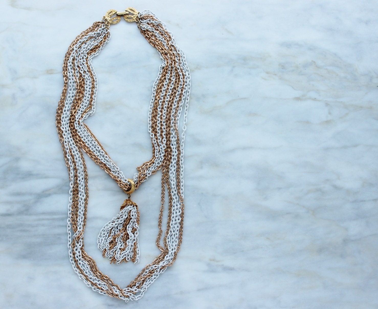 60s 70s Tassel White Gold Chain Necklace 1960 60s