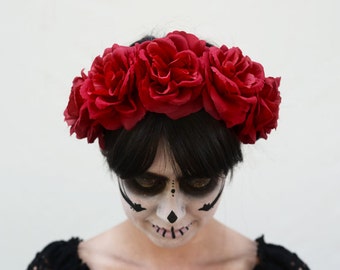 Red Rose Flower Crown, Day of the Dead Headpiece, Red Rose Crown, Dia de los Muertos, Fiesta, Rose Crown, Red Rose Crown, Roses, Frida Kahlo